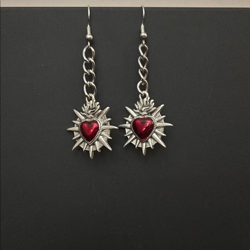 Silver and Red Heart Earrings